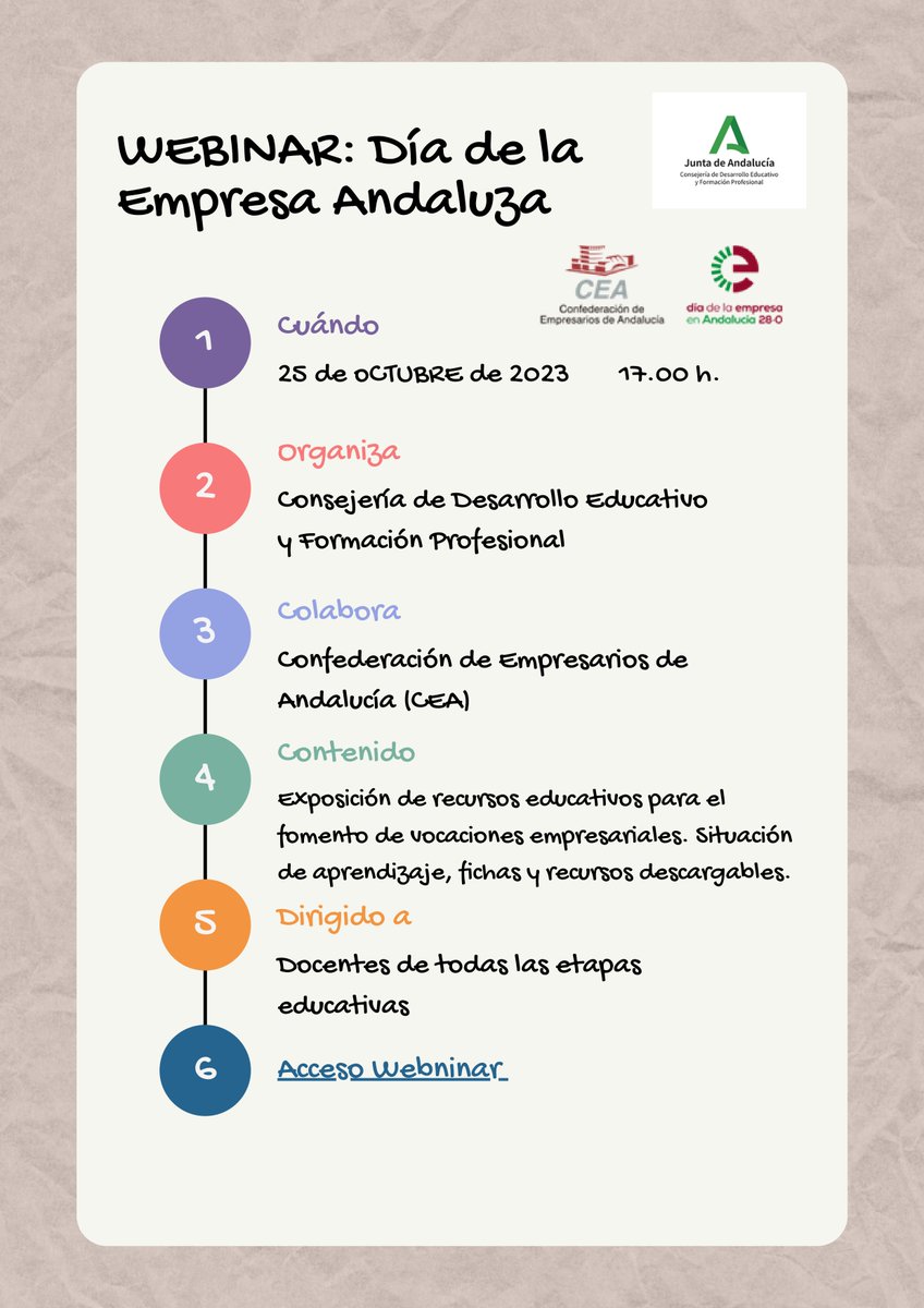 Para conmemorar la celebración del #DíadelaEmpresa en #Andalucía se llevará a cabo un webinar, organizado por <a href="/EducaAnd/">Consejería Desarrollo Educativo y FP</a> en colaboración con <a href="/CEAes_/">CEA</a> 🔛
🗓️ 25 de octubre.
🕠 17:00 h.
➡️cutt.ly/ZwWCOsZW
¡Entra y descubre recursos educativos para llevar a tu aula! 🚀