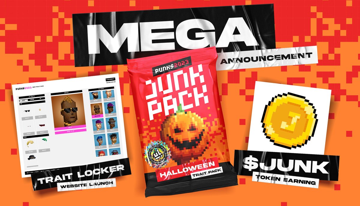 PunkSecrets's tweet image. Tomorrow. All the things, tomorrow. 

- $JUNK generation for holding punks (off chain)
- Halloween trait pack mint
- V2 of Trait Studio/Locker

#punksbuiltdifferent