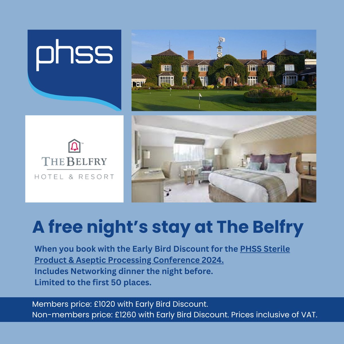 PHSSociety's tweet photo. Early Bird Discount!
Book your place for the PHSS Sterile Product &amp; Aseptic Processing Conference 2024, including networking dinner and have a FREE night's stay at The Belfry!
Limited to the first 50 places only.
Book now and for more information: https://t.co/Ld8LUX6PNV https://t.co/uQBXFBhMKV