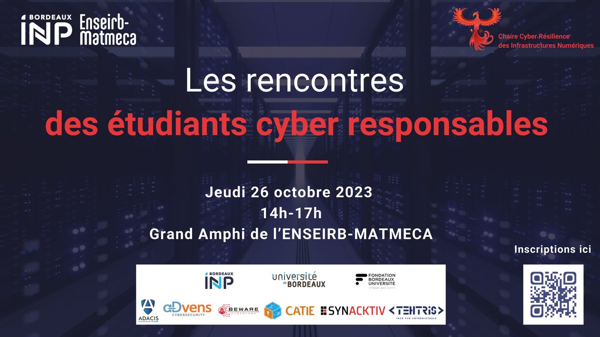 ENSEIRBMATMECA's tweet image. 🔐🌟 RENCONTRES DES ÉTUDIANTS CYBER RESPONSABLES : Protégeons Ensemble Notre Univers Numérique ! 🔐🌟

Inscription 👉 enseirb-matmeca.bordeaux-inp.fr/fr/les-rencont…
#CyberSécurité #ProtectionNumérique #CyberResponsabilité