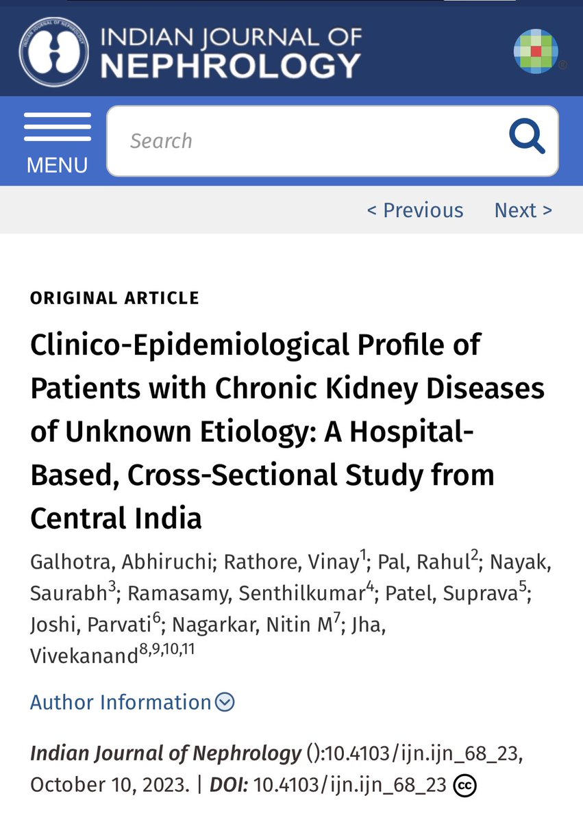Study on #CKDu from Raipur, Chhattisgarh (Did not know that there were 2h's in that spelling).
A total of 166 (3.1%) out of 5365 patients with CKD were diagnosed with CKDu. The mean age was 53.6 ± 11.8 years. The patients were predominantly male (n = 113, 68.1%), belonged to