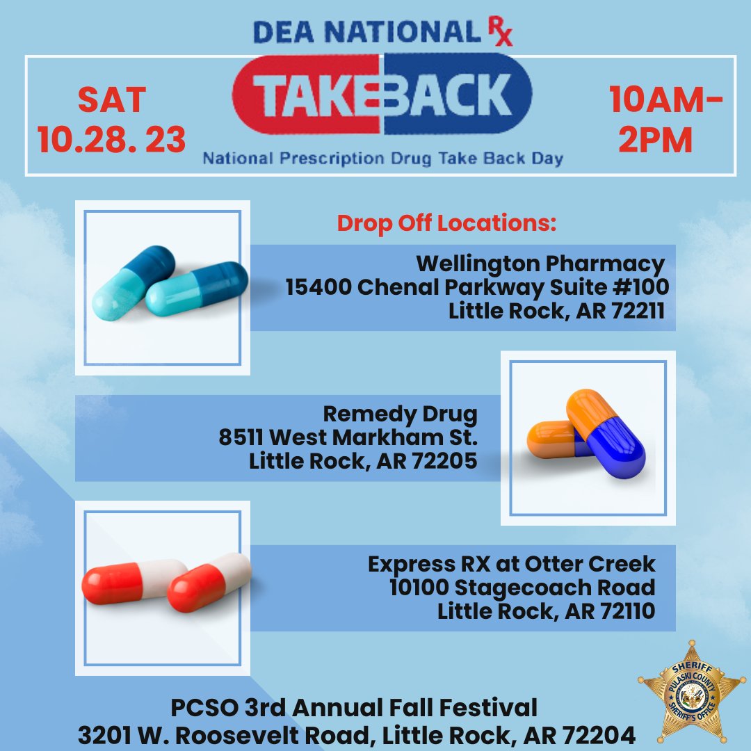 SheriffPulaski's tweet photo. Do your part to properly dispose of unused or expired medications by participating in the DEA National Drug Take Back Day! Visit one of our four locations this Saturday between 10am-2pm!  #PCSONEWS #DEADrugTakeBack https://t.co/lzpzXteyyI