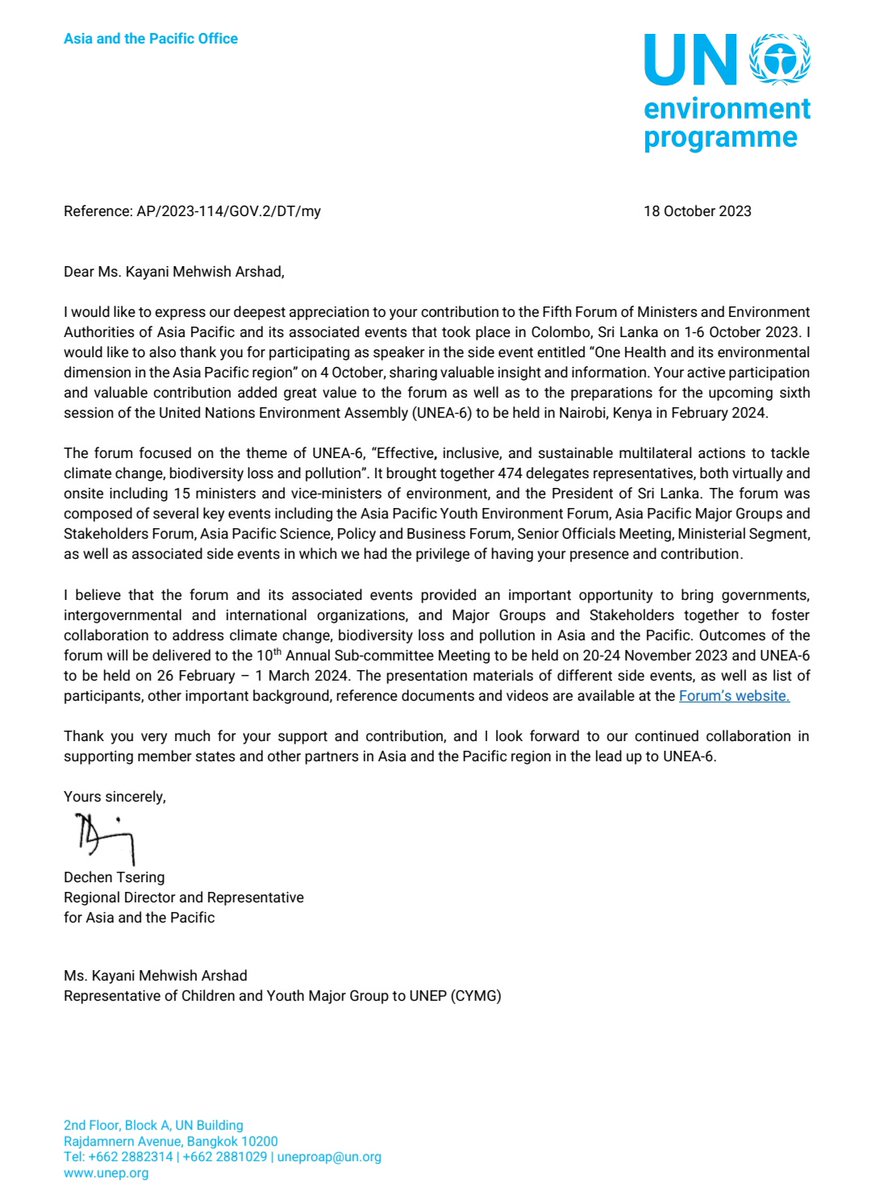 Mehwish Kayani (@mehwishkayani13) on Twitter photo Many Thanks Ms. Dechen Tsering (Regional Director & Representative for Asia and Pacific) and <a href="/cymgunep/">Children & Youth Major Group to UNEP</a> for this Letter of Appreciation on
#ClimateActionDay
#YouthLeadership
#ClimateAction
<a href="/CRMPakistan/">Child Rights Movement</a>
<a href="/UGOODngo/">UGOOD</a>
<a href="/ClimateChangePK/">Ministry of Climate Change, Pakistan</a>
<a href="/PPP_Org/">Pakistan Peoples Party - PPP</a>
<a href="/UNICEF_Pakistan/">UNICEF Pakistan</a>
<a href="/UNDP_Pakistan/">UNDP Pakistan</a> Many Thanks Ms. Dechen Tsering (Regional Director & Representative for Asia and Pacific) and <a href="/cymgunep/">Children & Youth Major Group to UNEP</a> for this Letter of Appreciation on
#ClimateActionDay
#YouthLeadership
#ClimateAction
<a href="/CRMPakistan/">Child Rights Movement</a>
<a href="/UGOODngo/">UGOOD</a>
<a href="/ClimateChangePK/">Ministry of Climate Change, Pakistan</a>
<a href="/PPP_Org/">Pakistan Peoples Party - PPP</a>
<a href="/UNICEF_Pakistan/">UNICEF Pakistan</a>
<a href="/UNDP_Pakistan/">UNDP Pakistan</a>