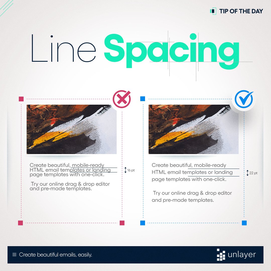 Fix Your Text Line Spacing for Readability 📚

Keeping the right line spacing in your content design can significantly improve your content’s readability. 

#tipoftheday #linespacing #emailmarketing #emailtemplates #unlayer #design #designtips