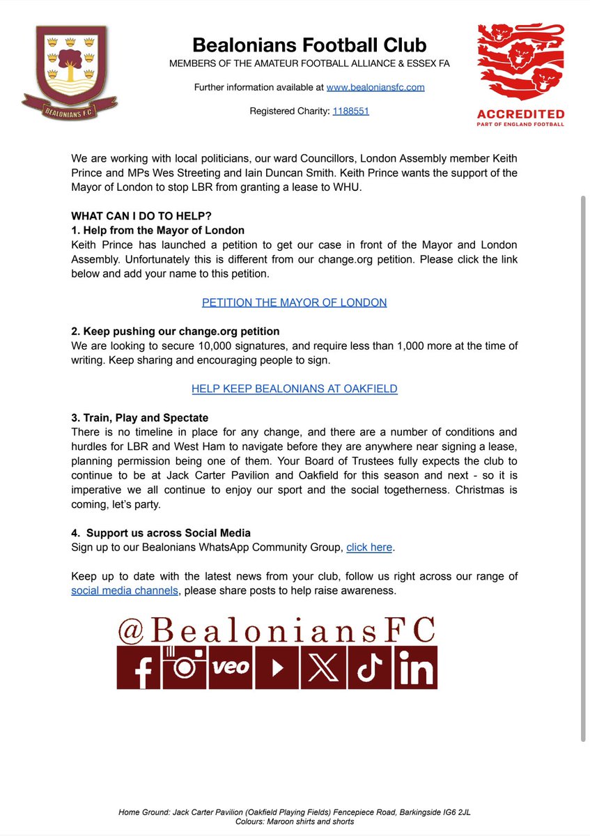 Please see the latest communication from the Board of Trustees.

Link to Keith Prince petition to the Mayor of London:

keithprince.london/news/save-oakf…

Link to our own petition:

change.org/p/keep-bealoni…

PLEASE SIGN AND KEEP SHARING

Clickable links available in our bio

#BealsFC