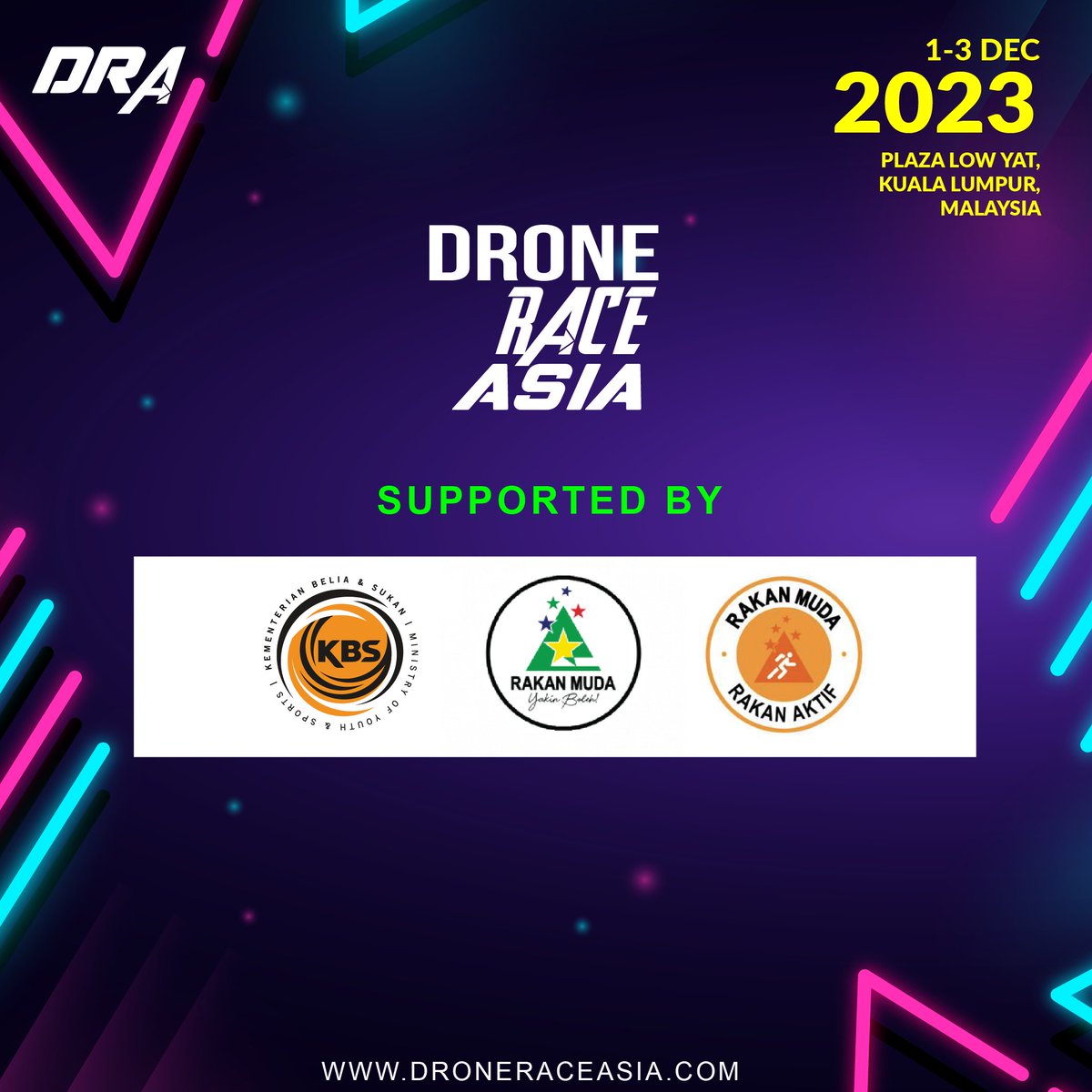 We are grateful to the Ministry of Sports and Youth Malaysia (KBS) for their invaluable support as our esteemed partners for the Drone Race Asia (DRA) International Championship 2023, alongside Rakan Muda. 🚀🌟#KBS #DroneRaceAsia #DRA #RakanMuda #Gratitude
