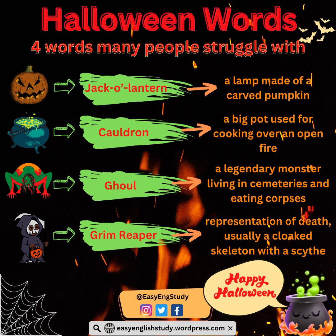 EasyEngStudy's tweet photo. Web: https://t.co/DvBqkTyLCR

#english #englishcourse
#englishspeaking #englishtips #englishstudy #englishtutor #learningenglish #learnenglish #englishclasses #toefl #grammar #vocabulary #ingles #englishtime #영어 #英語 #words #englishvocabulary #halloween https://t.co/t3SMHTs8vb