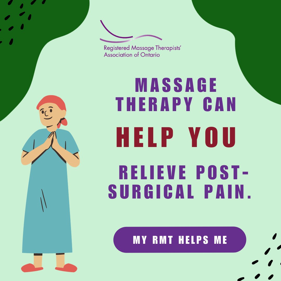 Massage therapy can help reduce the intensity and duration of post-surgical pain, and help improve mobility. #postsurgical #surgicalpain #benefitsofmassage
Let us know how massage therapy has helped you with #MyRMTHelpsMe and #MTAW