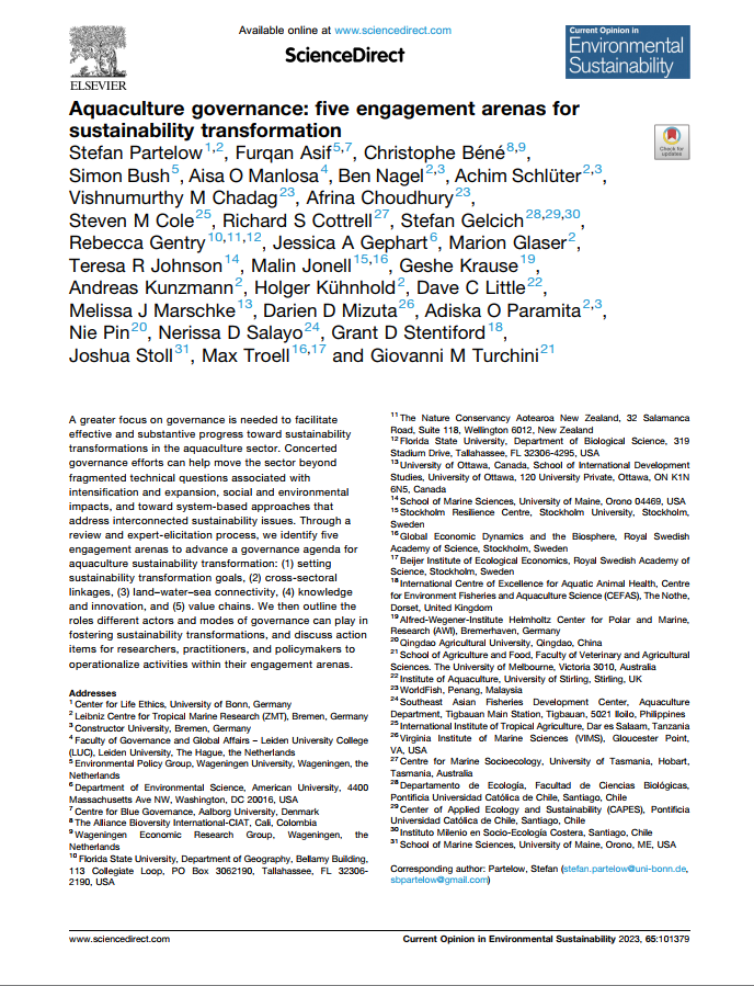 How can #aquaculture become more sustainable and what ways can governance play a role? That is the question we sought to explore in a newly published paper (led by @SBPartelow) in Current Opinion in Environmental Sustainability (#COSUST) 1/🧵👇🏽