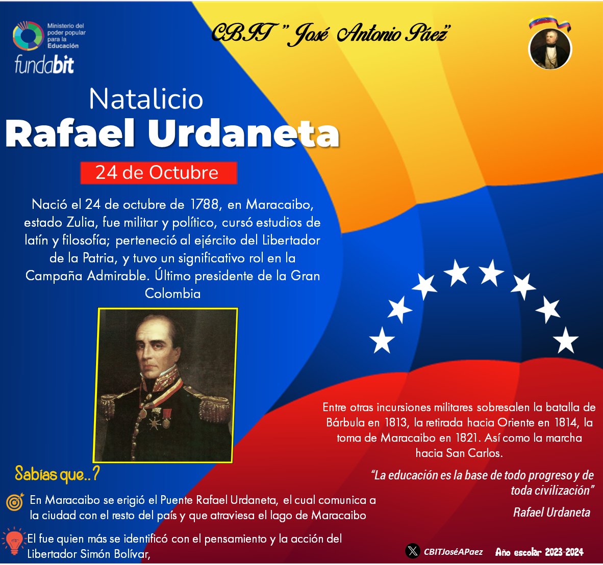 #24Oct Nace Rafael Urdaneta uno de los próceres más importantes de la independencia. Amigo fiel de Simón Bolívar y quien también fue  presidente de la Gran Colombia @MPPEDUCACION <a href="/FundabitAragua/">FUNDABIT ARAGUA</a>
<a href="/pedrogordon2121/">Pedro Gordon</a> <a href="/CanaimaGNULinux/">Canaima GNU/Linux</a>
<a href="/crauetdt/">Radio Talento</a> <a href="/CNTI_VE/">Centro Nacional de Tecnologías de Información</a> 
#ElEsequiboEsVenezolano