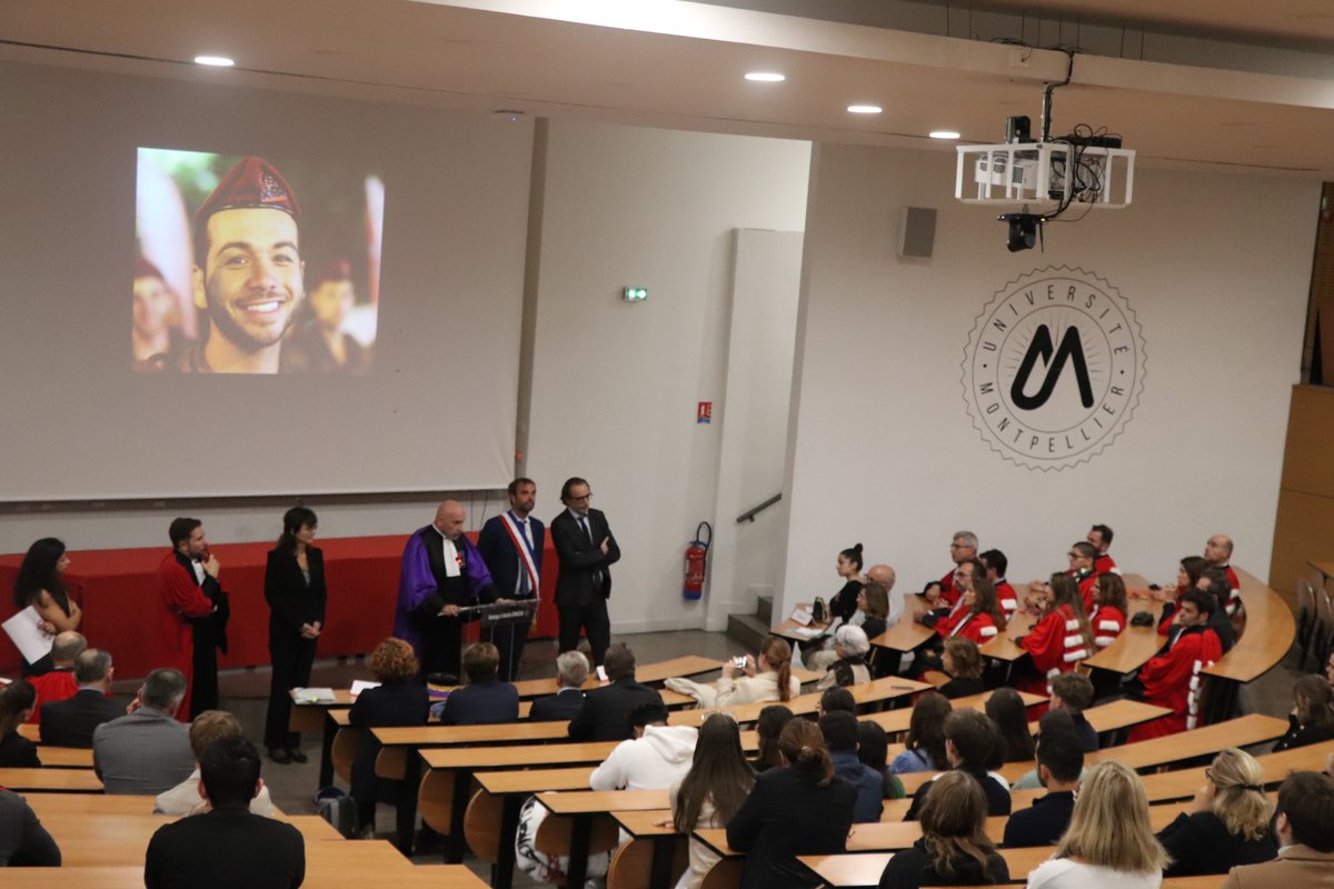 Philippe_Auge's tweet photo. Nous avons rendu hommage hier à Valentin GHNASSIA, ancien étudiant de la la Faculté de Droit et de Science po, victime de l'attaque terroriste du 7 octobre, en présence de sa famille, de la Rectrice @sophiebejean, du Maire @MDelafosse, du Bâtonnier M. Rosier et du Doyen @GClamour https://t.co/uW9Txevjwy