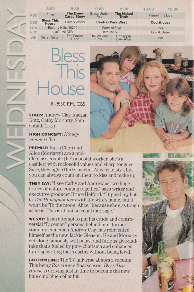 BLESS THIS HOUSE. 1995. 

Andrew "Dice" Clay, Cathy Moriarty, Raegan Kotz, Sam Gifaldi. #BlessThisHouse #TVGuide