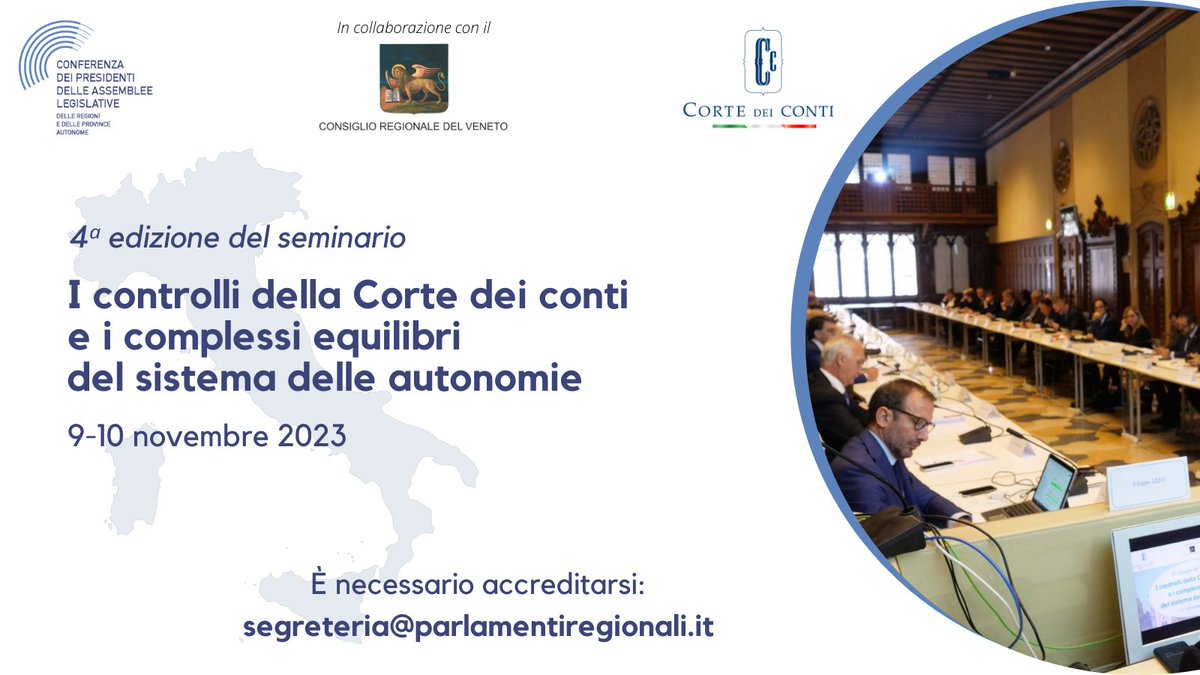 📌 La 4ª edizione del #Seminario "I controlli della Corte dei conti e i complessi equilibri del sistema delle autonomie" si terrà giovedì 9 e venerdì 10 novembre a <a href="/Pal_Franchetti/">Palazzo Franchetti</a>, a Venezia.

Consulta il programma ➡ lnkd.in/dyX5HhdJ

#finanzaregionale