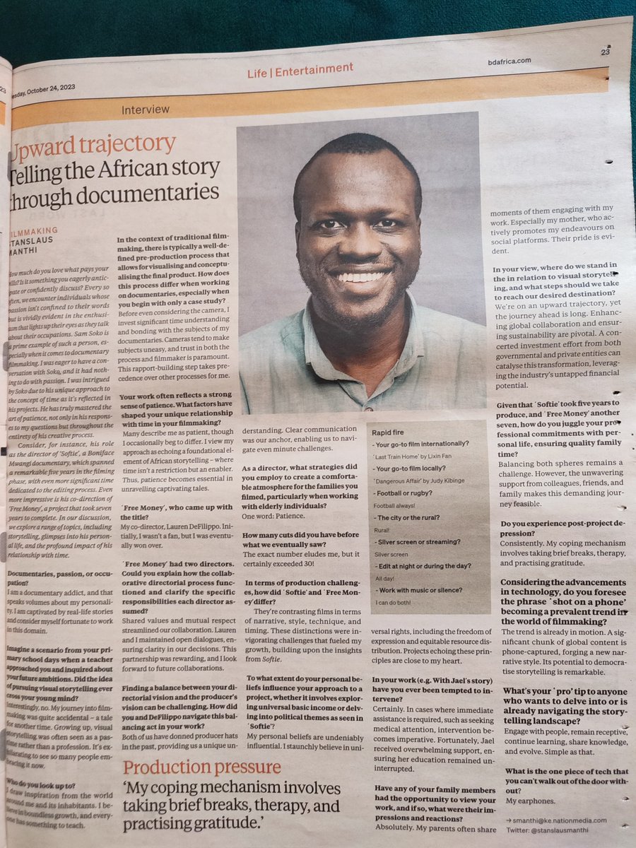 🗞️In the dailies today courtesy of @stanslausmanthi and @BD_Africa. @sokosam opens up about his process in #documentary filmmaking and he shares a bit of his experience with @FreeMoney_Film & @softiethefilm.🙌🏾 Read here➡️bit.ly/lbxonbd #Filmmaker #AfricanCinema