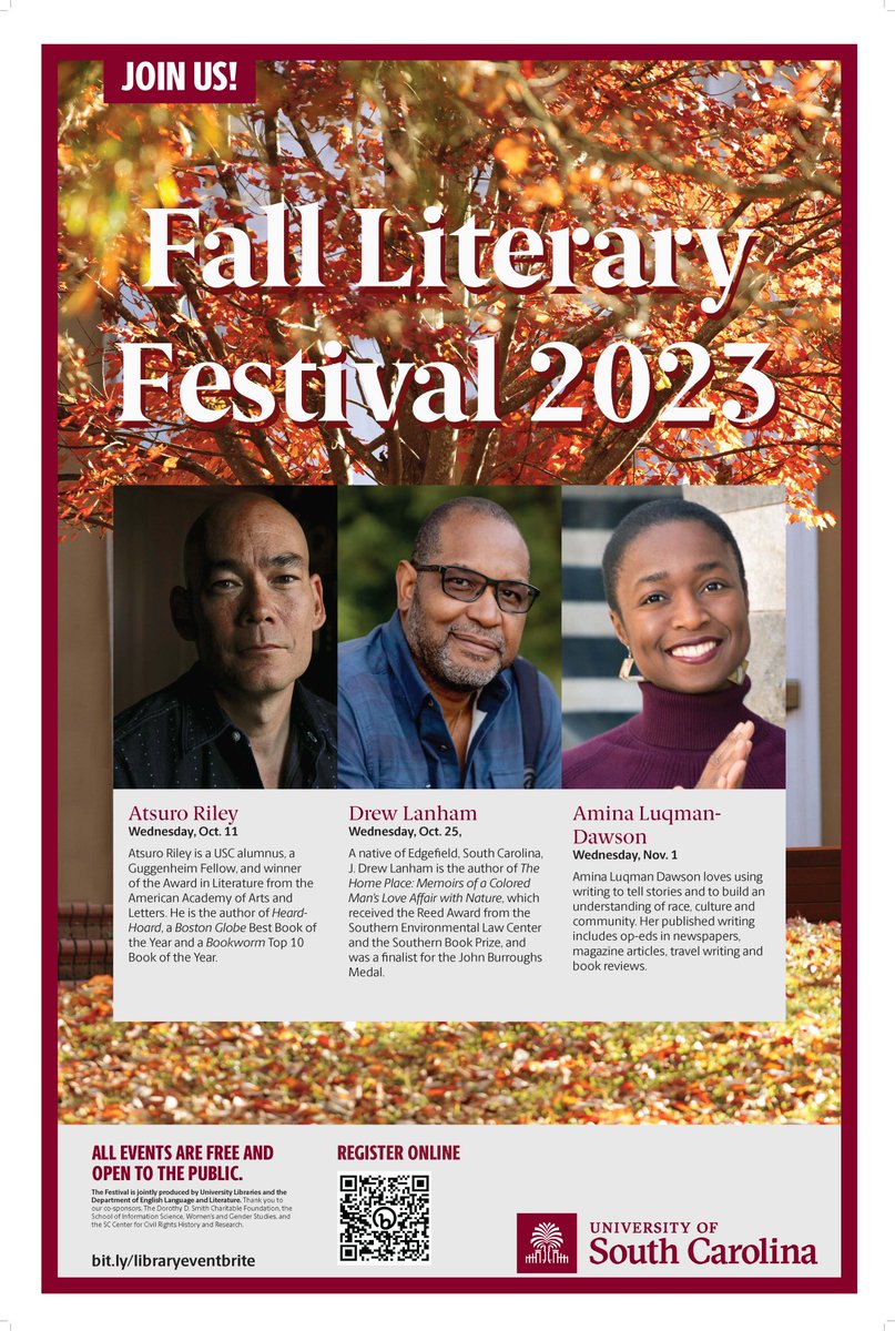 USC English Department (@uofscenglish) on Twitter photo Fall Literary Festival continues Wed, Oct 25, 6pm! Come hear memoirist, naturalist, McArthur fellow, and Edgefield native Drew Lanham speak in the Hollings Program room. Craft talk for students at 4:30! <a href="/UofSC/">University of South Carolina</a> <a href="/UofSClibraries/">USC Libraries</a> <a href="/UofSC_CAS/">McCausland College of Arts and Sciences</a> <a href="/UofSCProvost/">University of South Carolina Provost</a> Fall Literary Festival continues Wed, Oct 25, 6pm! Come hear memoirist, naturalist, McArthur fellow, and Edgefield native Drew Lanham speak in the Hollings Program room. Craft talk for students at 4:30! <a href="/UofSC/">University of South Carolina</a> <a href="/UofSClibraries/">USC Libraries</a> <a href="/UofSC_CAS/">McCausland College of Arts and Sciences</a> <a href="/UofSCProvost/">University of South Carolina Provost</a>