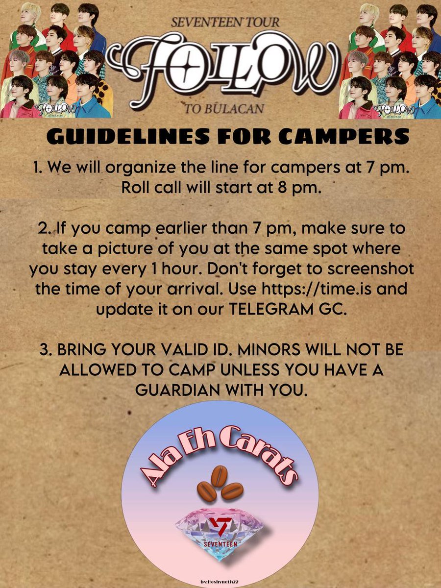 AlaEhCarats's tweet photo. 📍SM City Lipa  

Unofficial Queuing Guidelines for #FOLLOW_TO_BULACAN Ticket Selling and Camp Out

Please READ the guidelines carefully. We ask for your cooperation for a peaceful and organized ticketing. 

For questions  kindly send us a DM.

#세븐틴 #SEVENTEEN 
#AlaEhCarats https://t.co/M3Tc2O1FB7