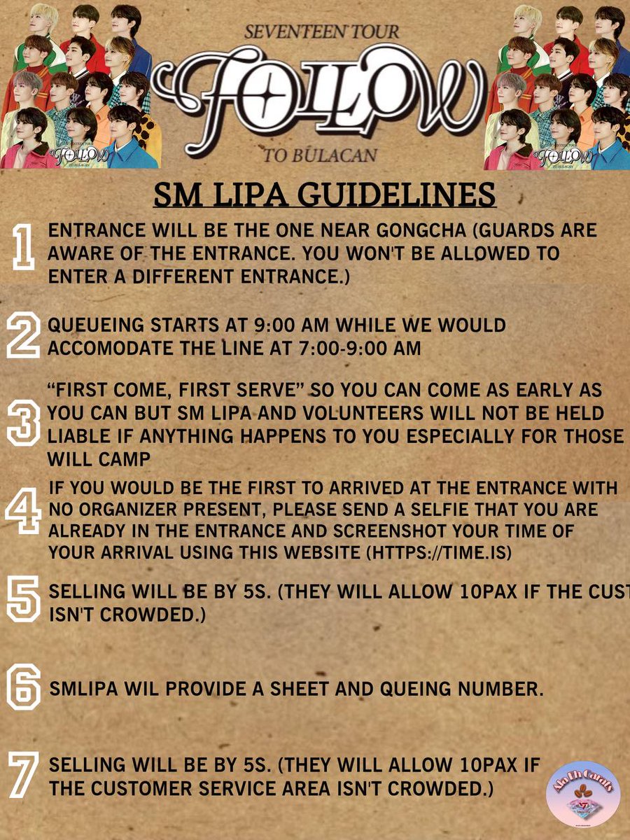 AlaEhCarats's tweet photo. 📍SM City Lipa  

Unofficial Queuing Guidelines for #FOLLOW_TO_BULACAN Ticket Selling and Camp Out

Please READ the guidelines carefully. We ask for your cooperation for a peaceful and organized ticketing. 

For questions  kindly send us a DM.

#세븐틴 #SEVENTEEN 
#AlaEhCarats https://t.co/M3Tc2O1FB7