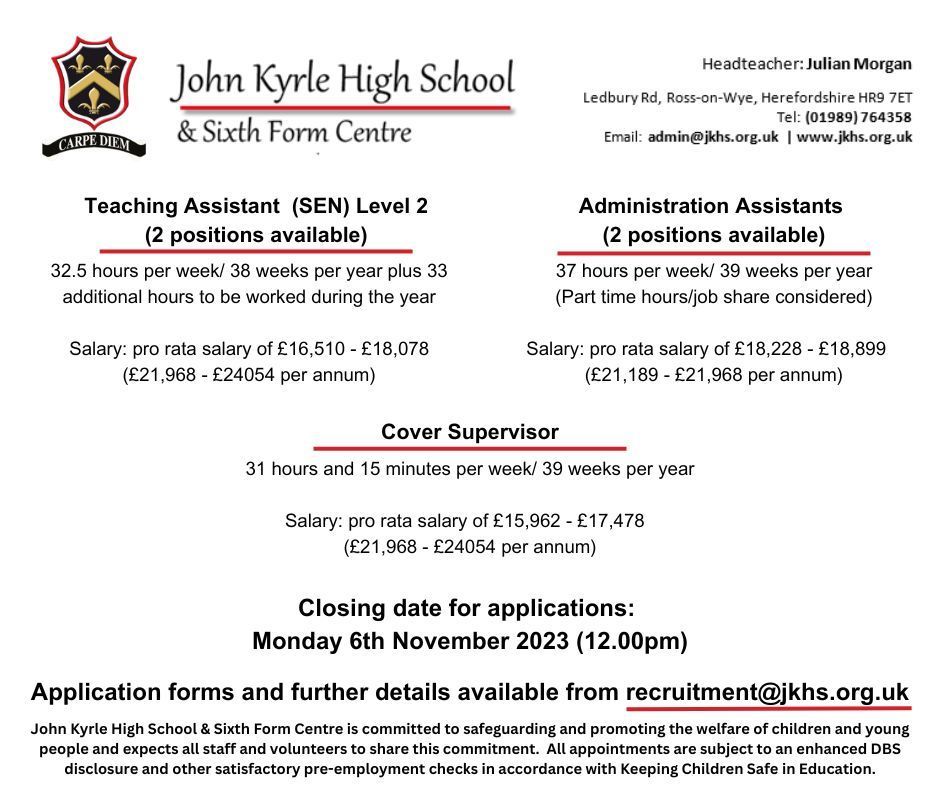 Join the Team!

We are recruiting for 3 exciting roles with 5 positions available 🤩 

We also have a vacancy for a Business Studies Teacher 👉 
buff.ly/3tIfsZk 

#JKHS #jointheteam #Herefordshirejobs #Rossonwye #adminjobs #teachingassistants #coversupervisor #vacancies