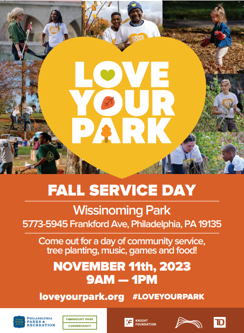 Love Your Park is BACK!  The signature site this year is Wissinoming Park. Join us for a day of community service, tree planting, music, games & food! 

Saturday, November 11, 2023
9:00 am - 1:00 pm
Wissinoming Park

Learn more here: bit.ly/45Dwe9a. #loveyourpark