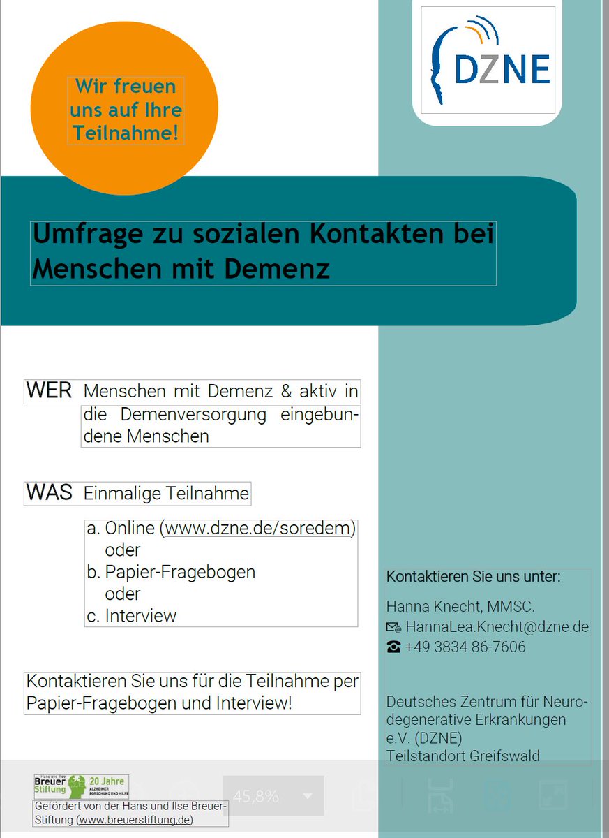 Das Deut. Zentrum f. Neurodegenerative Erkrankungen bittet um Teilnahme an einer Befragung zum Thema: "Erforschen von sozialen Kontakten von Menschen mit Demenz, sodass Empfehlungen u. Maßnahmen für die Demenzversorgung abgeleitet werden können." @DZNE_de 
dzne.de/soredem