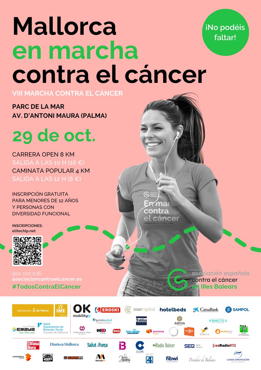 ¡El domingo tienes una cita solidaria! ⌛️ #CuentaAtrás #MallorcaEnMarcha

Dos modalidades
🏃🏻‍♀️ Carrera Open (8 km) | 10 h (16 €)
🚶🏿 Carrera Popular (4 km) | 12 h (8 €)

INSCRIPCIONES
elitechip.net/index.php?zwsh…

😊 Agradecemos la inestimable colaboración institucional y de los medios