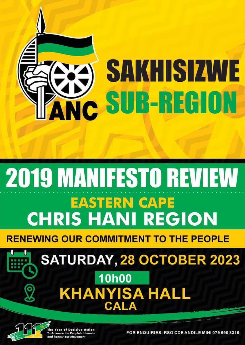 anc_hani's tweet photo. As we renew our commitment to the people, Sakhisizwe Sub-Region, will hold its #2019ANCManifestoReview on 28 October 2023 dedicated to the memory of student leader Batandwa Ndondo, who was shot and killed at his Cala home on September 24, 1985 by apartheid police. 
#ANCAtWork https://t.co/VfzfSRcD3a