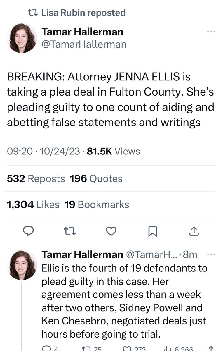 3 days ago, I said <a href="/JennaEllisEsq/">Jenna Ellis</a> would be the next to FLIP on <a href="/realDonaldTrump/">Donald J. Trump</a> - and here we are. Called it. By the end of the week, 5 more will flip.