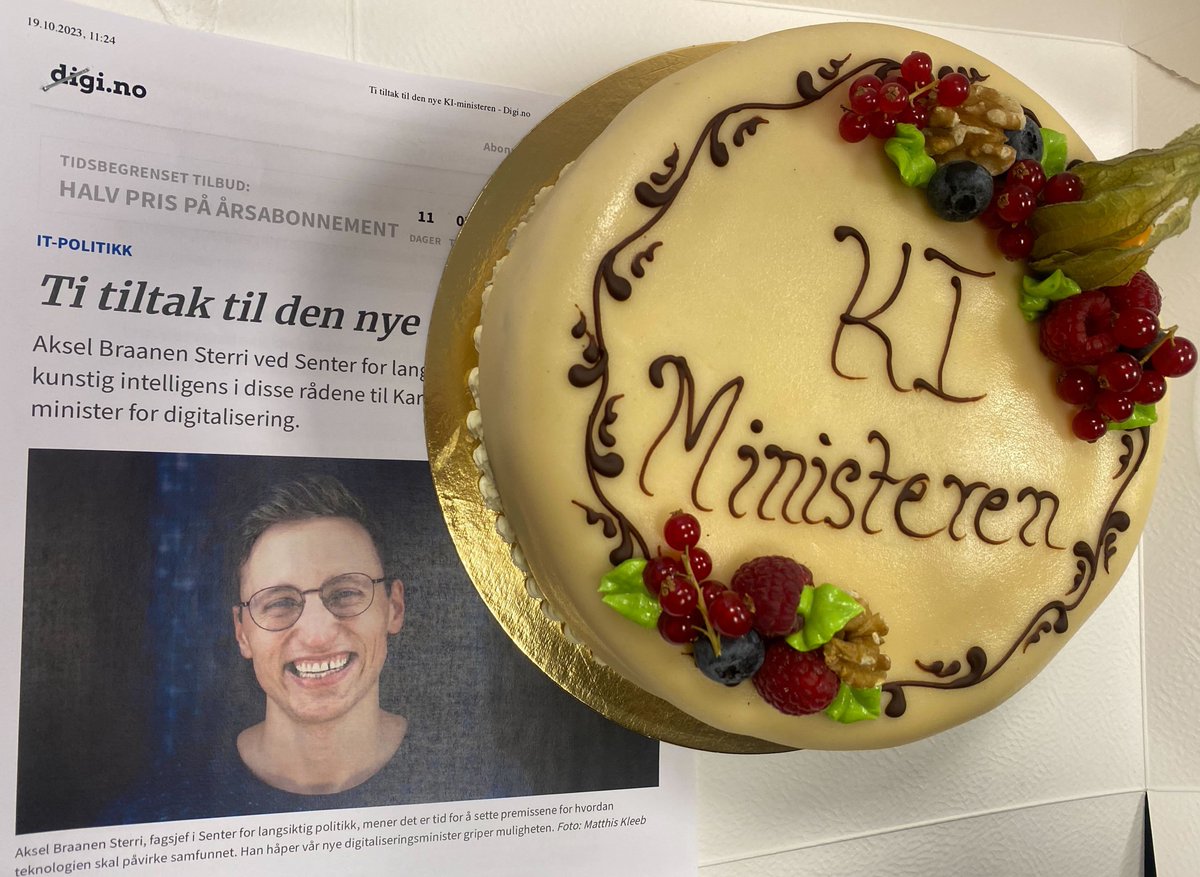 Langsikt (@langsikt_) on Twitter photo På kontoret feirer vi den nyopprettede ministerposten for digitalisering og forvaltning, med ansvar for kunstig intelligens.
Gratulerer til Karianne Tung! I artikkelen lenket til under presenter fagsjef <a href="/AkselSterri/">Aksel Sterri</a> ti tiltak for veien videre.👇 På kontoret feirer vi den nyopprettede ministerposten for digitalisering og forvaltning, med ansvar for kunstig intelligens.
Gratulerer til Karianne Tung! I artikkelen lenket til under presenter fagsjef <a href="/AkselSterri/">Aksel Sterri</a> ti tiltak for veien videre.👇