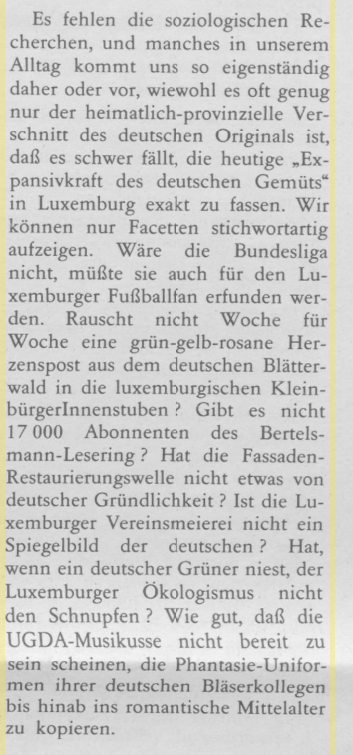 Mars Klein 1994: "Hat, wenn ein deutscher Grüner niest, der Luxemburger Ökologismus nicht den Schnupfen ?" [In: d'Letzeburger Land, 41. Jg., nº 23 (10.06.1994), p. 13. 
[Digitised by the National Library of Luxembourg, persist.lu/ark:70795/jksc…] @bnluxembourg <a href="/Letzland/">d'Lëtzebuerger Land</a>