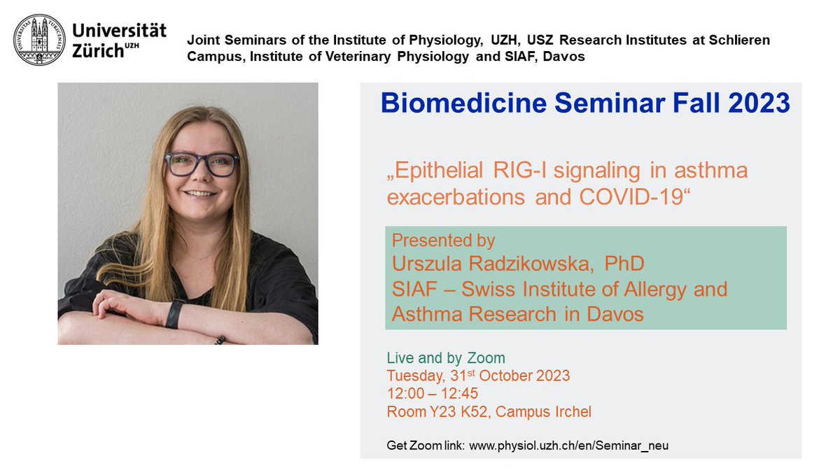 On 31 October, we welcome Urszula Radzikowska, PhD from Swiss Institute of Allergy and Asthma Research SIAF, Davos in the Biomedicine Seminar Series at <a href="/UZH_en/">University of Zurich</a>

This joint seminar is hosted by @mikadolab and open to all!

Zoom link: uzh.zoom.us/j/65110053450?…