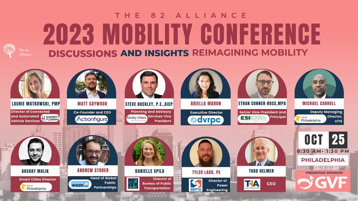 One more day until the 2023 Mobility Conference! See the full agenda and register here: 82alliance.com/mobilityconfer…
<a href="/GannettFleming/">Gannett Fleming</a> <a href="/ActionfigureAI/">Actionfigure</a> <a href="/KimleyHorn/">Kimley-Horn</a> <a href="/DVRPC/">DVRPC</a> <a href="/econsultsolutns/">Econsult Solutions</a> <a href="/PhiladelphiaGov/">City of Philadelphia</a> <a href="/waze/">waze</a> <a href="/PennDOTNews/">PA Department of Transportation</a> <a href="/SEPTAPHILLY/">ISEPTAPHILLY</a> <a href="/THA_Consulting/">THA Consulting, Inc.</a>
