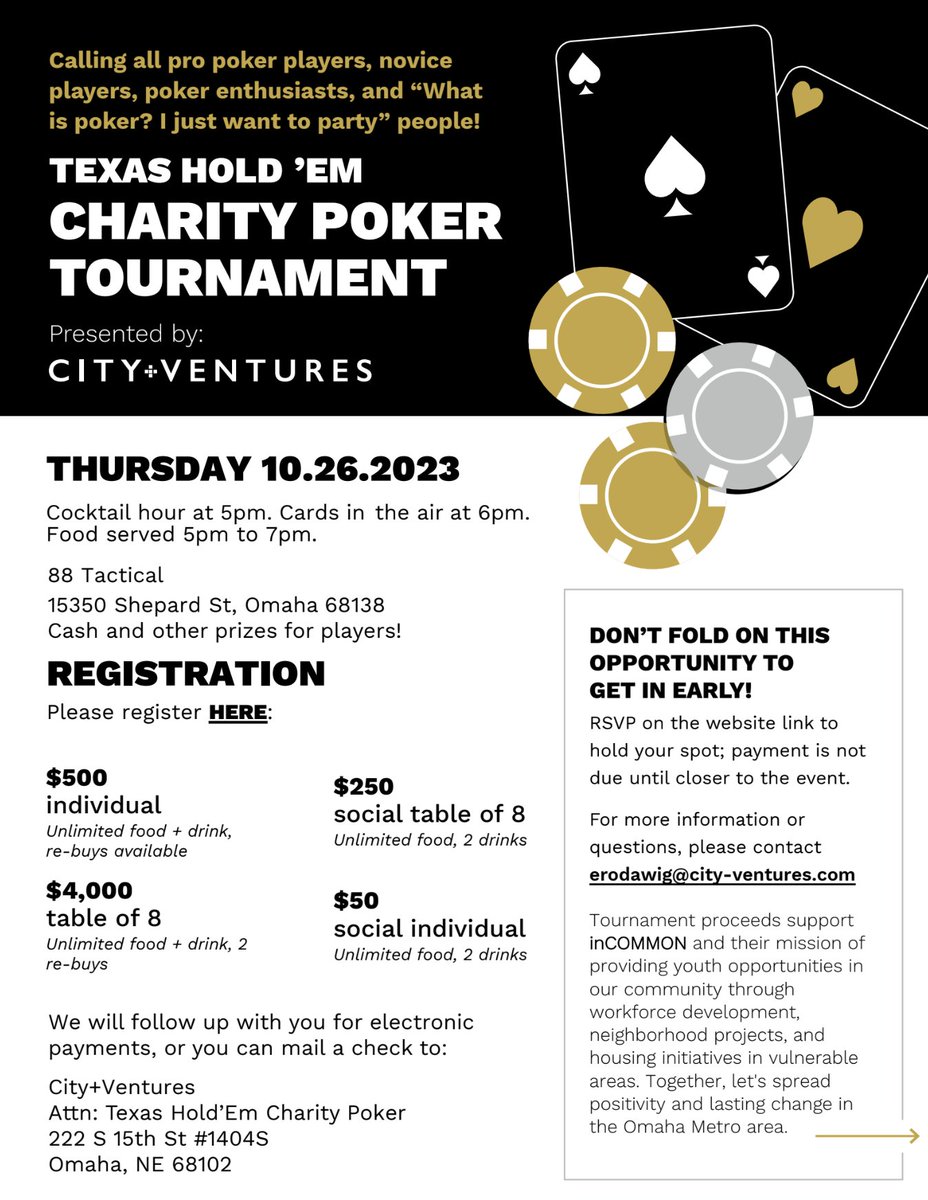 inCOMMON's tweet image. We appreciate @CityVOmaha&apos;s support of inCOMMON through their 2nd Annual Texas Hold ‘Em Charity Poker Tournament!

More details and sign up at: ow.ly/yogR50Q08PU 

Thank you again for your support!