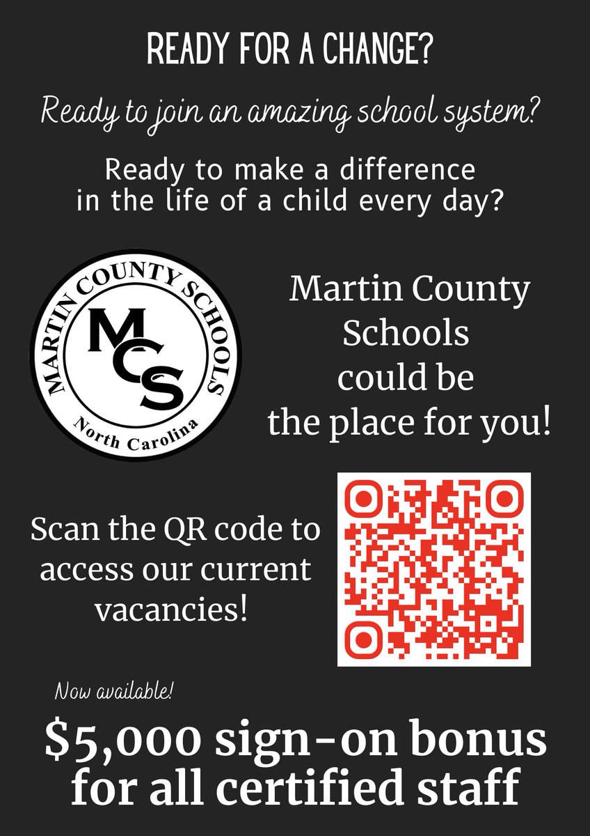 Could Martin County Schools be the place for you? Check out our current vacancies to see if we could be a part of your next chapter! 
A $5,000 signing bonus is now available for certified staff!!

Use the QR code or follow this link martin.tedk12.com/hire/index.aspx