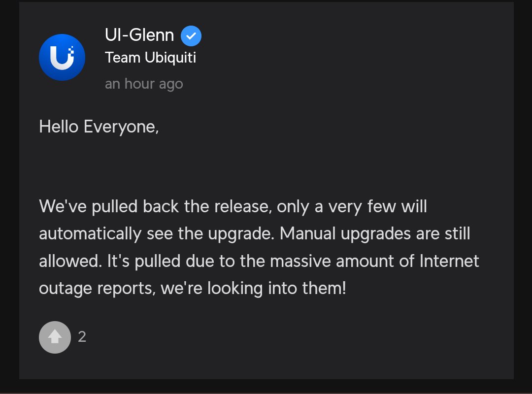 Cairn2525's tweet photo. UniFi OS v3.2.5リリース撤回なりよ。

えっ、UniFi OS v3.2.5リリース撤回されてるやん!!

#Ubiquiti
#UniFi
#UniFiOS
#撤回 https://t.co/yAoQyTsDV7