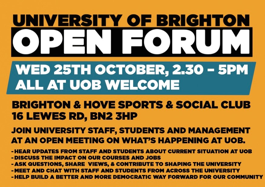 Open forum tomorrow at 2.30!

Come along for an opportunity for students and staff to ask questions and discuss what the current situation is at the University of Brighton.

#SaveBrightonUni