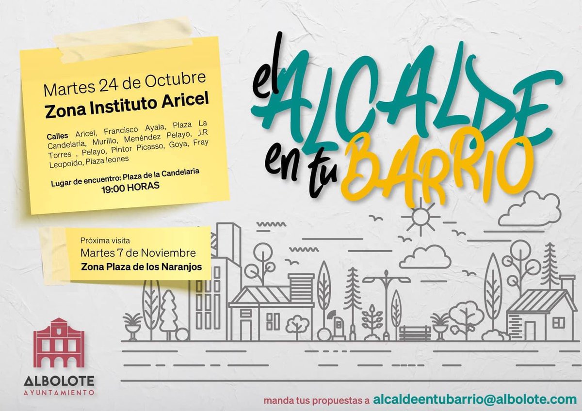 🔵 Seguimos escuchando a nuestros vecinos para seguir mejorando #Albolote, la iniciativa “el Alcalde en tu barrio” 🏘️ tendrá hoy su parada en la Zona Instituto Aricel

📍Plaza de la Candelaria a las 19 horas

Seguimos trabajando #PoryParaAlbolote

#conlasideasclaras💡