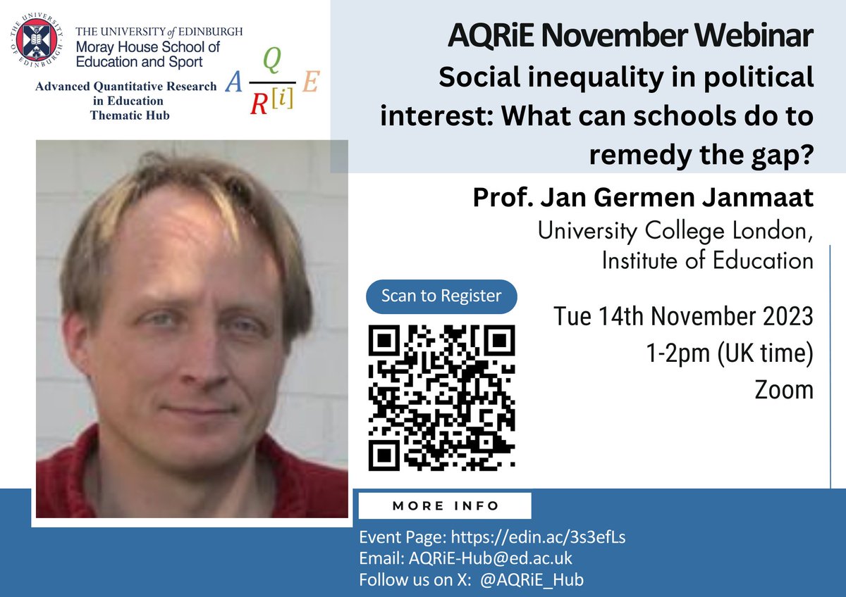 Prof. Jan Germen Janmaat from <a href="/IOE_London/">UCL Institute of Education</a> is going to give us a talk on 'Social inequality in political interest: What can #schools do to remedy the gap?' Register now at edin.ac/3s3efLs <a href="/MorayHouse/">Moray House School of Education and Sport</a>