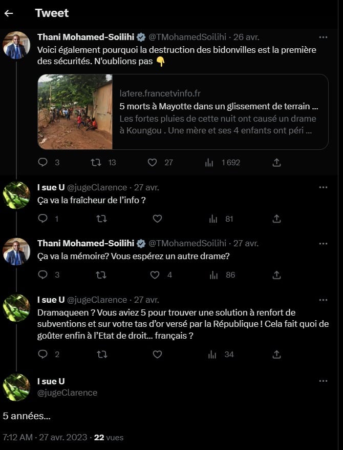 À propos du manque total d'impartialité des juges à #Mayotte.

Sauriez-vous deviner quel magistrat du tribunal judiciaire de Mamoudzou, caché sous le pseudo "I sue U" ("Juge Clarence"), harcèle les parlementaires et élus mahorais depuis des mois ?

🧵⤵️
1/