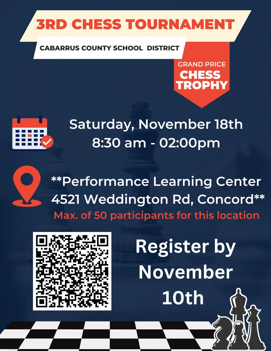 CabCoSchools's tweet photo. Attention all High School Chess Players!♟️
CCS is holding a District-Wide Chess Tournament for High School students on Saturday, November 18th at the Performance Learning Center.  You must register by November 10th.  🗓
Registration: https://t.co/RWiiZLyMww https://t.co/VPf6qdoygC