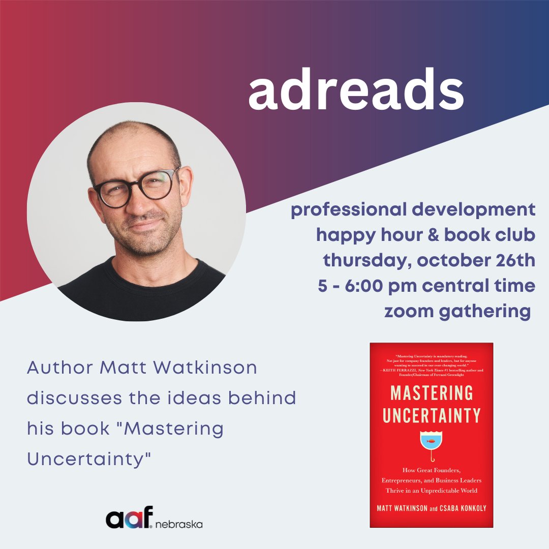 Elroythecat's tweet image. Are you ready to Master Uncertainty? Adreads is a FREE virtual book club, and this week we hear from author Matt Watkinson. Join us: aafomaha.wildapricot.org/event-5417899