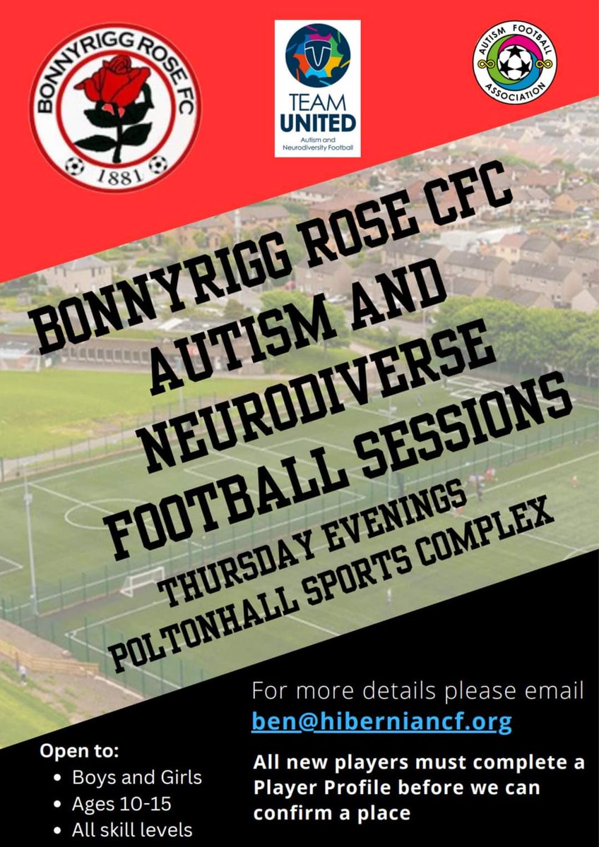 Bonnyrigg Rose Community Football Club (@bonnyriggcfc) on Twitter photo 🔊WE ARE RECRUTING PLAYERS FOR OUR AUTISM AND NEURODIVERSE 🌹
The Bonnyrigg Rose Autism & Neurodiverse Team trains weekly at Poltonhall and also take part in the Autism & Neurodiverse League and Scottish Cup🏆
We would love to hear from you
please contact
ben@hiberniancf.org.uk 🔊WE ARE RECRUTING PLAYERS FOR OUR AUTISM AND NEURODIVERSE 🌹
The Bonnyrigg Rose Autism & Neurodiverse Team trains weekly at Poltonhall and also take part in the Autism & Neurodiverse League and Scottish Cup🏆
We would love to hear from you
please contact
ben@hiberniancf.org.uk