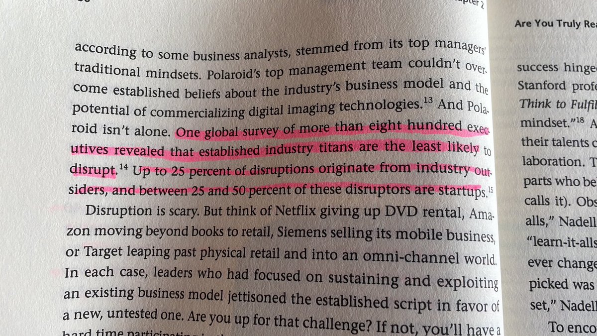 anaranjoc's tweet photo. “Una encuesta global de más de ochocientos ejecutivos reveló que los titanes de industrias establecidas son los menos propensos a causar una disrupción. Hasta el 25 por ciento de las disrupciones provienen de fuera de la industria, y entre el 25 y el 50 por ciento de estos disruptores son startups.” Open Strategy- C. Stadler #innovation