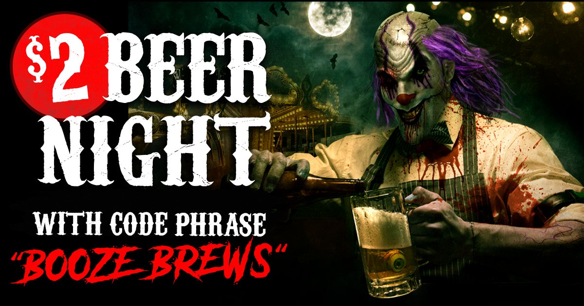 WRPaintball's tweet photo. Join Indy Scream Park tonight (10/24) and use the phrase "Booze Brews" and receive $2 select domestic beers🍺

#ndyScreamPark #HauntedHouse #Halloween #HauntSeason #Clowns #AndersonIN #October #OctoberEvents #Beer #BeerSpecial #TuesdaySpecial https://t.co/QwOKsAWJXH