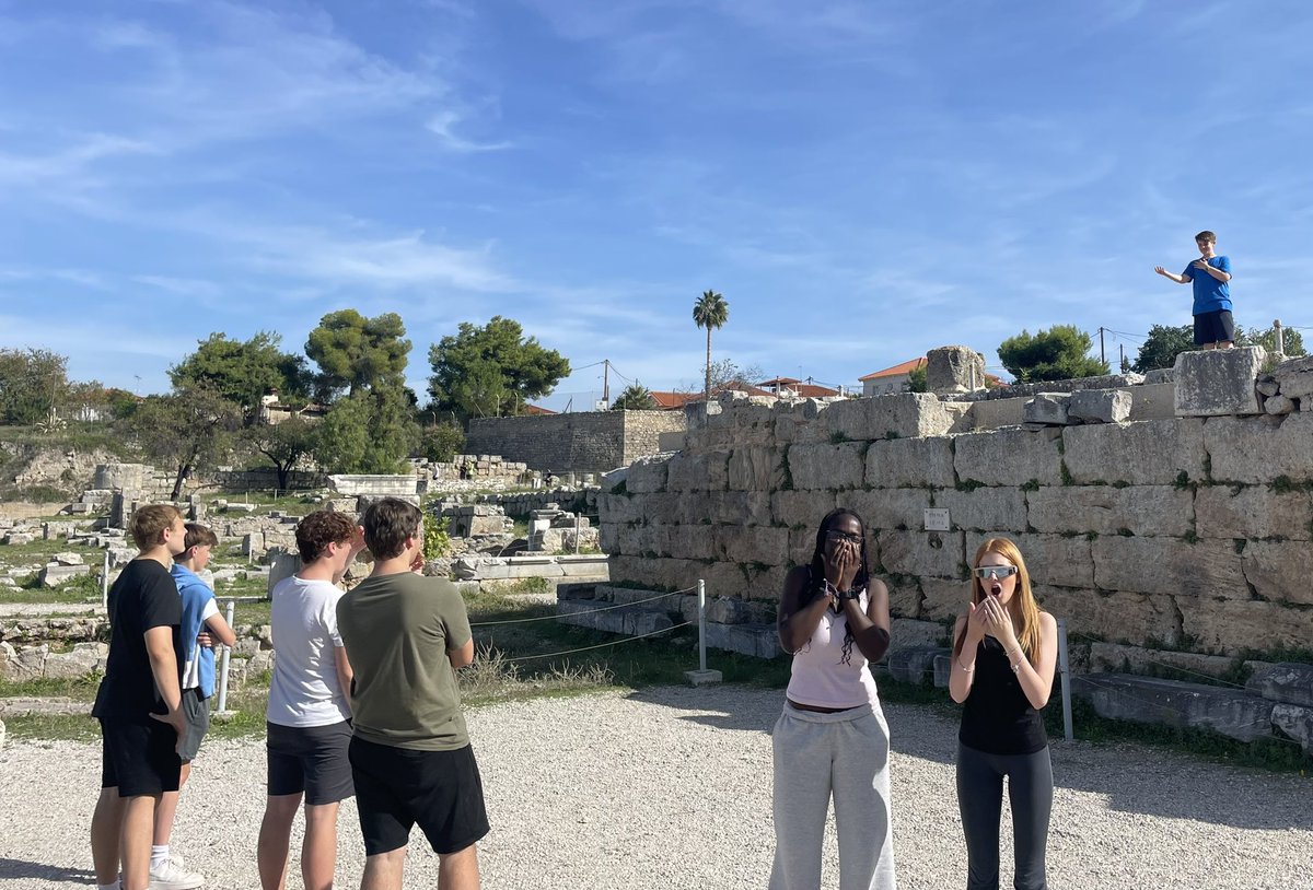 ClassicsFelsted's tweet image. The final stop on our journey took us to Corinth, a city filled with rich history. We gathered to hear Jack H give a message in the very spot where St Paul addressed crowds 2000 years ago!