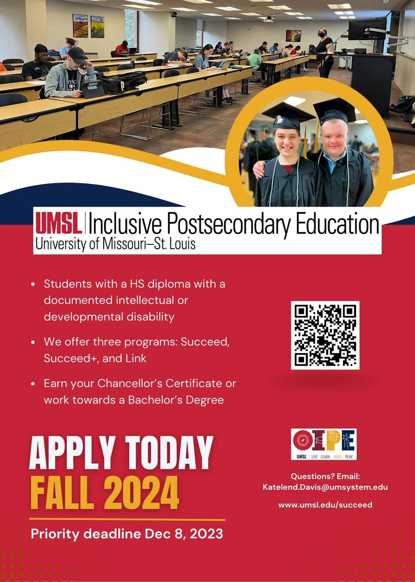 UMSL_OIPE's tweet image. Do you know a student with a HS diploma and a documented intellectual disability? #CollegeIsPossible 

We're now #acceptingapplications to any of our three #inclusivepostsecondaryeducation programs: #Succeed, #SucceedPlus, and #Link!

umsl.az1.qualtrics.com/jfe/form/SV_9B…