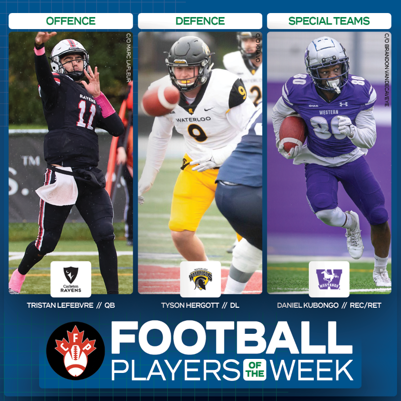 OUAsport's tweet photo. Closing out the regular season in style. 😎

@CURavens Tristan Lefebvre, @WlooWarriors Tyson Hergott, and @WesternMustangs Daniel Kubongo have been named @CFPerspective Players of the Week for Week 9. 🏈

#WeAreONE | #QuestForTheCup