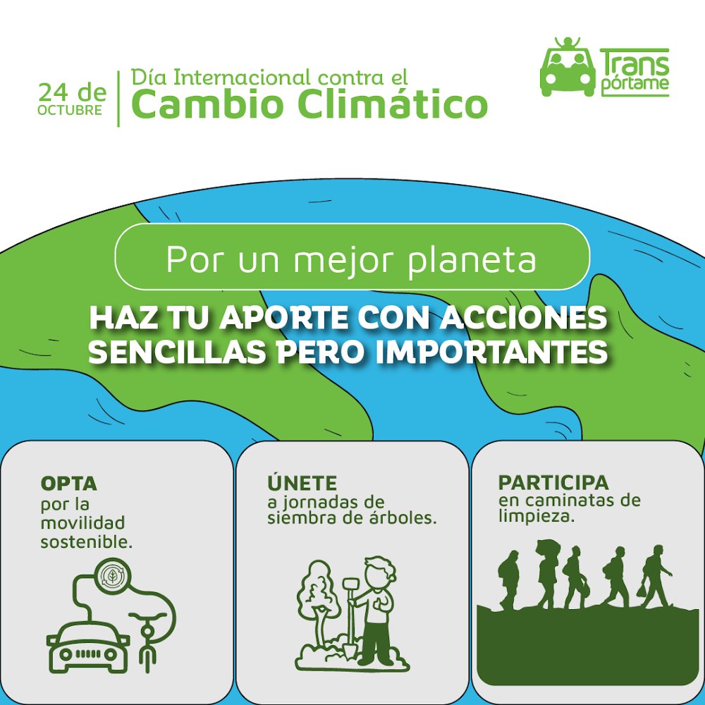 TransportameC's tweet photo. 💪🌏🌿El cambio climático representa el desafío más significativo que enfrentamos actualmente y juntos podemos marcar una gran diferencia en la lucha por un mejor planeta.
 
#movilidadsostenible  #ActúaHoy #SalvaElPlaneta  #24deoctubre #CambioClimático https://t.co/u7zCOFkLf2