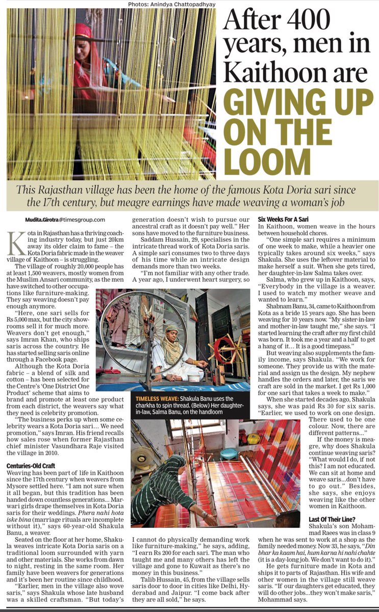 muditagirotra's tweet photo. Kaithoon village in Rajasthan has been the home of the famous Kota Doria sari since the 17th century, but meagre earnings have made weaving a woman’s job. 

@ANINDYAtimes @timesofindia 

https://t.co/6TtG1WSMdx

#Kota #Saree #Weavers #Kaithoon #Rajasthan #Kotafabric #Handloom https://t.co/gbkJ5K0Zfl