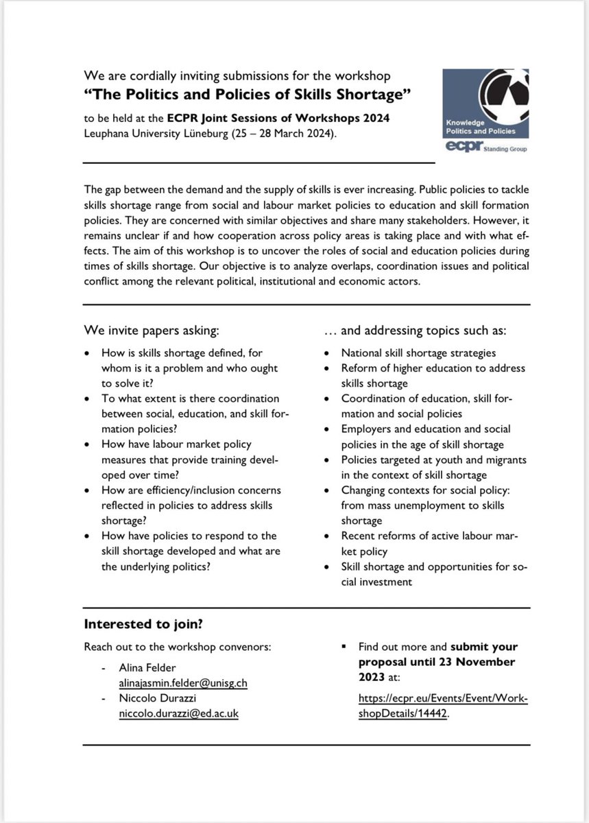 Are you a social scientist working on (political debates and policies to tackle) skills shortage? Make sure to join @niccolodurazzi and me at #ecprjs24 in our workshop on “The Politics and Policies of Skills Shortage”. We are looking forward to your contributions! @ECPRKnowledge