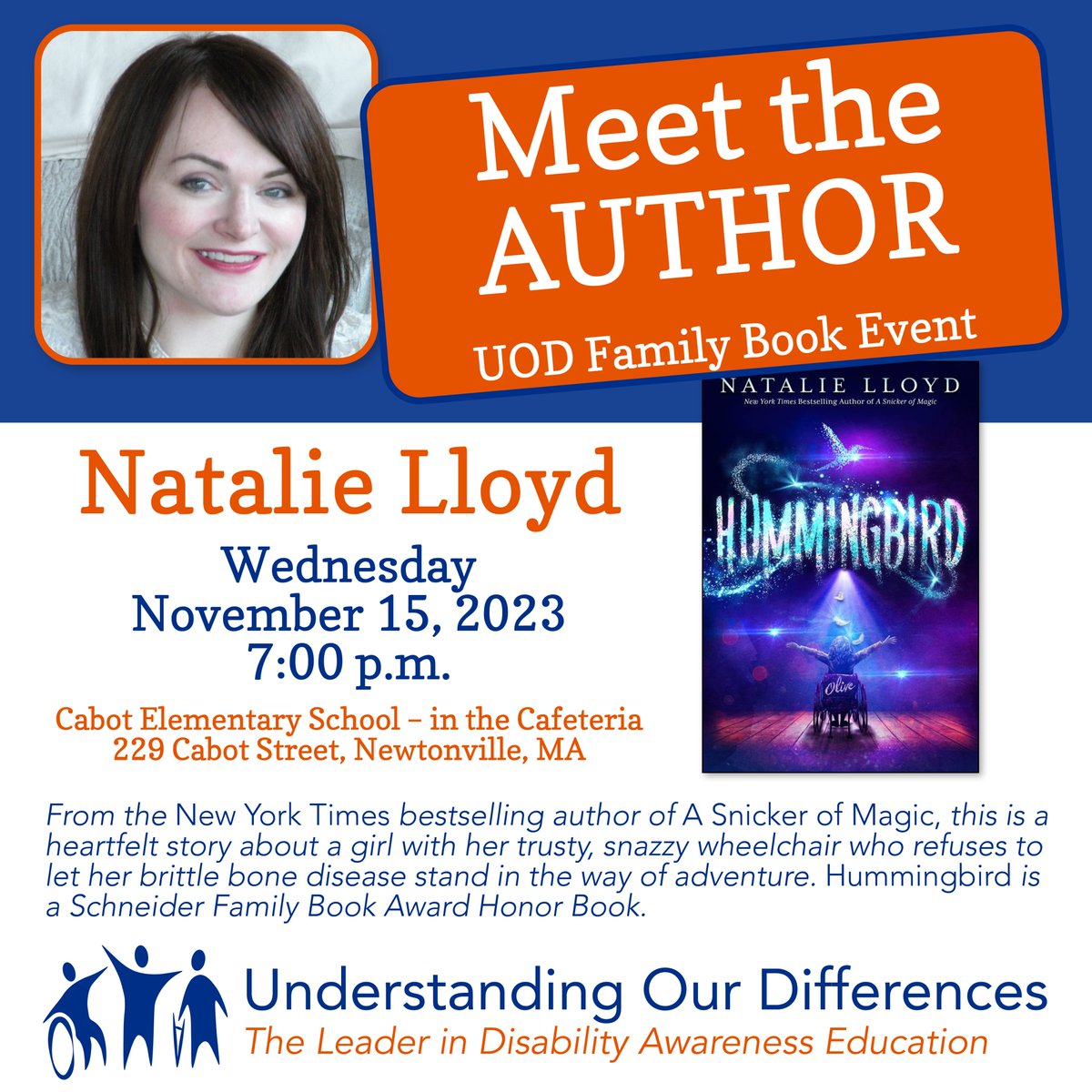 Understanding Our Differences (@ustandrdiffs) on Twitter photo You and your children are invited to join us for this Meet the Author/Family Book Event with <a href="/_natalielloyd/">Natalie Lloyd Updates</a> on Nov. 15, 7:00pm, at Newton's Cabot Elementary School. Register here: understandingourdifferences.org/hummingbird/ #disabilityawareness #disabilityinclusion You and your children are invited to join us for this Meet the Author/Family Book Event with <a href="/_natalielloyd/">Natalie Lloyd Updates</a> on Nov. 15, 7:00pm, at Newton's Cabot Elementary School. Register here: understandingourdifferences.org/hummingbird/ #disabilityawareness #disabilityinclusion